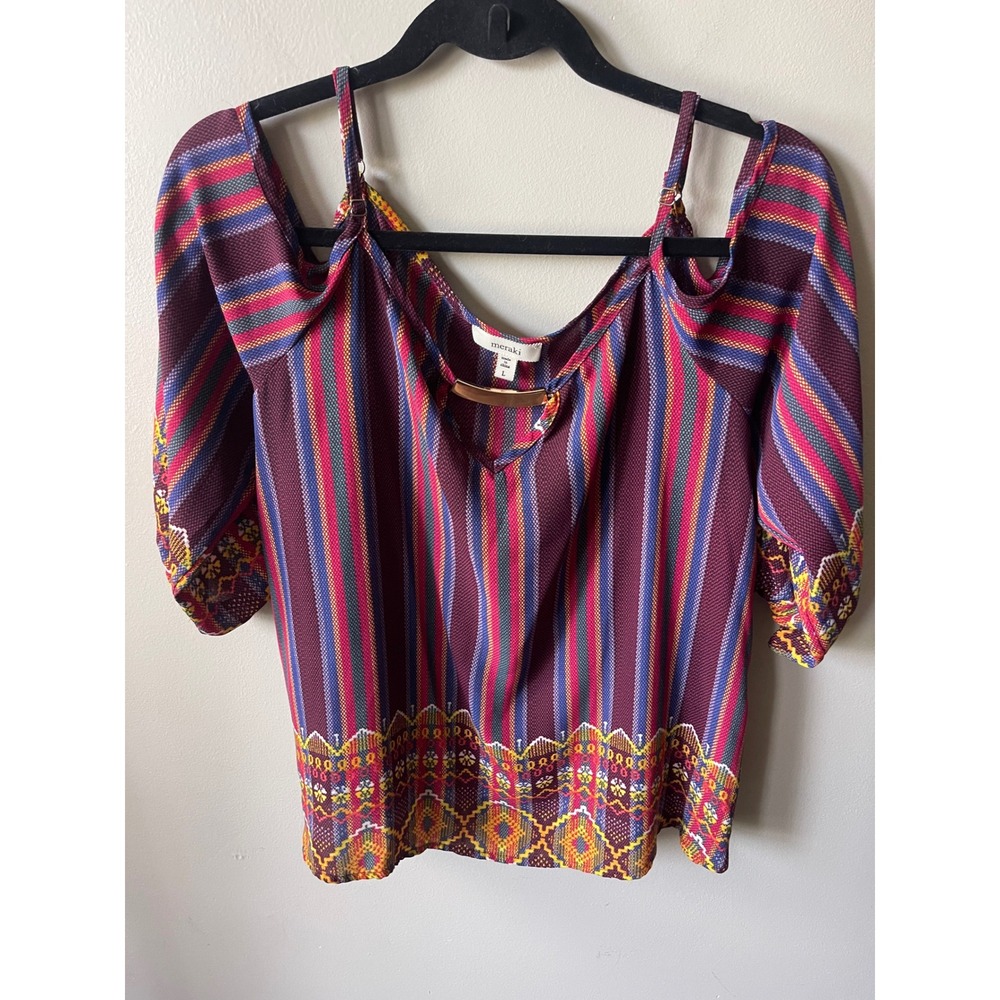 Meraki Cold Shoulder Top Burgundy Striped Boho Metal Bar coquette casual chic